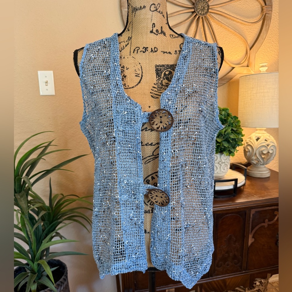 Nina Leonard Boho Style Open Knit Button Vest in Pale Blue